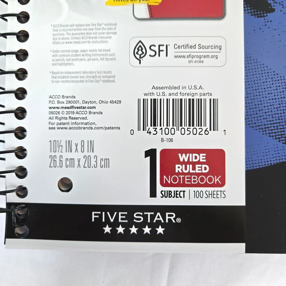 Mead Five Star Football 1 Subject Wide Ruled 2Pack 100 Sheet Spiral Notebook NEW